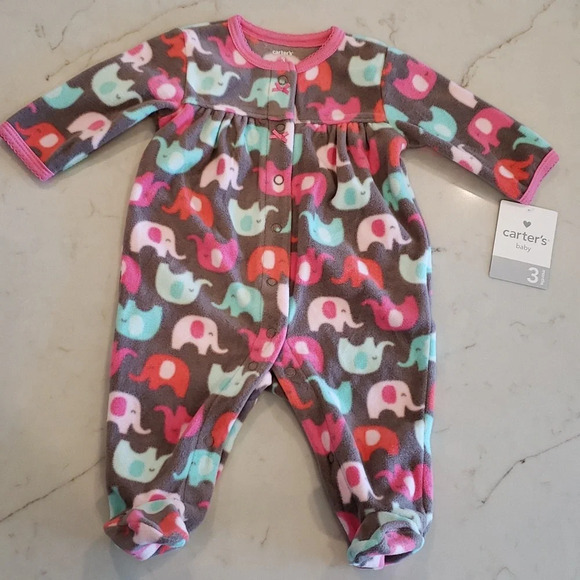 Carter's Fleece Elephant Footie 3M Baby Girl Pink Aqua Teal Gra… - Picture 3 of 4